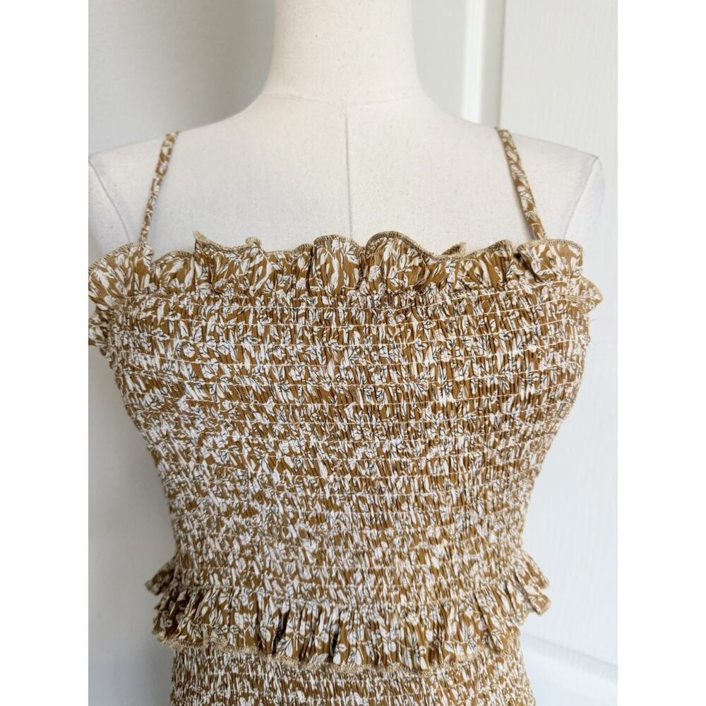 Mable Size Small Mustard Leaf Print Ruffle Tiered Smocked Fitted Midi Dress - Picture 7 of 16